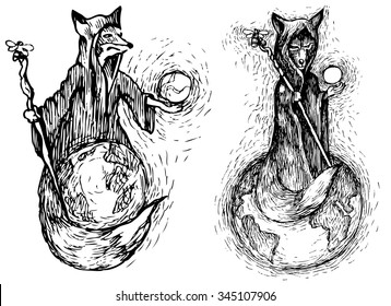 Fox on the planet - hand drawn vector illustration, isolated on white