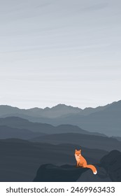 Fox on the rock cliff with mountain ranges landscape flat design graphic illustration have blank space.