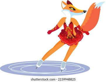 A fox on skates, an athlete, in a red tutu