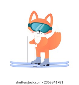 Fox on skis, snowboarding, fell in the snow, winter sports. 