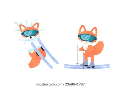 Fox on skis, snowboarding, fell in the snow, winter sports. 