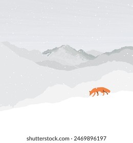 Fuchs auf der Schneeberglandschaft haben Schneefall grafische Illustration. Tier in Schneelandschaft flaches Gestaltungskonzept mit Leerraum.