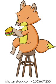 A fox on a stool eating a hamburger