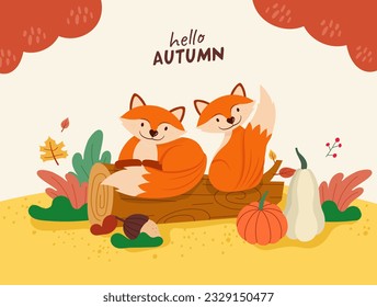Fox on tree stump in the wild with mushrooms and leaves, vector illustration in Autumn
