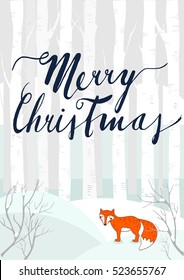 Fox on a winter background, Christmas invitation card, vector illustration