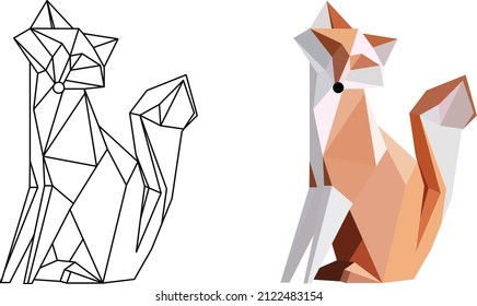 Fox. Orange fox in origami style or low poly. Fox may use a logo or icon. Vector Origami. Paper fox. linear 