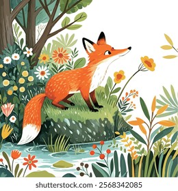 Fox, orange, tail, grass, flowers, trees, bushes, water, rocks, nature, outdoors, whimsy, art.