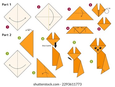 Fox origami scheme tutorial moving model. Origami for kids. Step by step how to make a cute origami fox. Vector illustration.