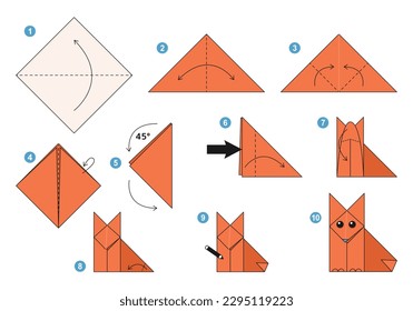 Fox origami scheme tutorial moving model. Origami for kids. Step by step how to make a cute origami fox. Vector illustration.