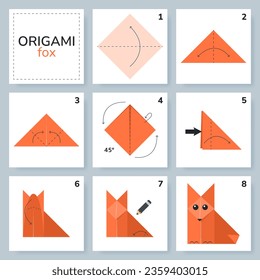 Fox origami scheme tutorial moving model. Origami for kids. Step by step how to make a cute origami fox. Vector illustration.