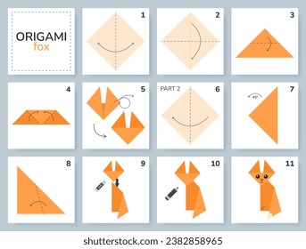 Fox origami scheme tutorial moving model. Origami for kids. Step by step how to make a cute origami fox. Vector illustration.