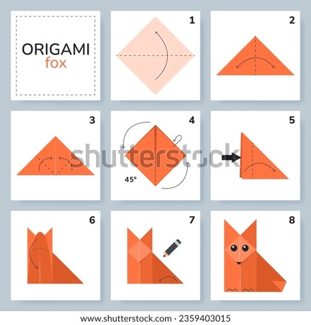 Fox origami scheme tutorial moving model. Origami for kids. Step by step how to make a cute origami fox. Vector illustration.