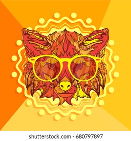 Fox ornament face with fashion yellow eyeglasses, vector illustration isolated on abstract background, mandala style, line art