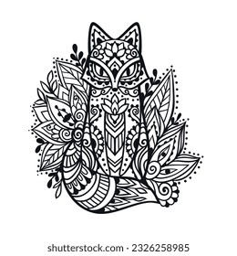 Fox in ornament. Vector illustration Mandala. Flower Ethnic drawing. Decorative Fox animal in Zen boho style. Boho, hippie for decoration