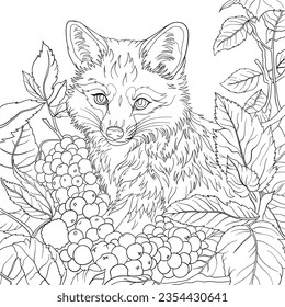 Fox outline vector, colouring page design with leaves