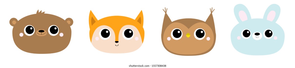 Fox owl bear hare rabbit. Forest animal round face head icon line set. Cute kawaii cartoon funny baby character. Kids education cards. Flat design. White background. Isolated. Vector illustration