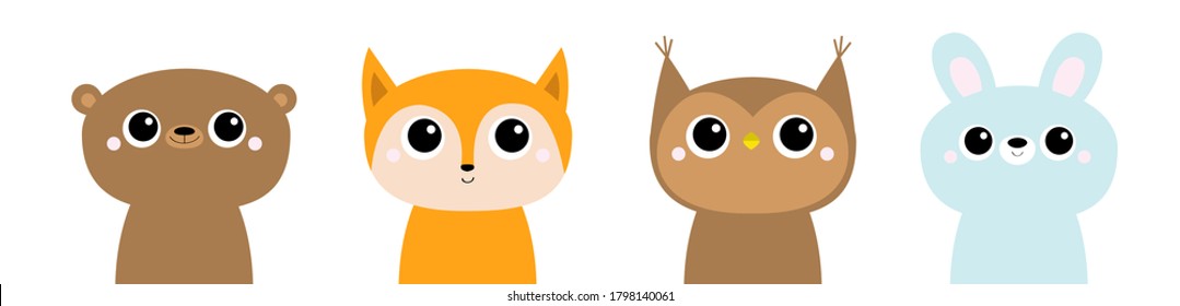 Fox owl bird bear hare rabbit set. Forest animal round head face icon line. Cute kawaii cartoon funny baby character. Kids education cards. Flat design. Isolated. White background. Vector illustration