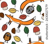 fox, owl and forest doodle seamless pattern kid drawing. Vector illustration