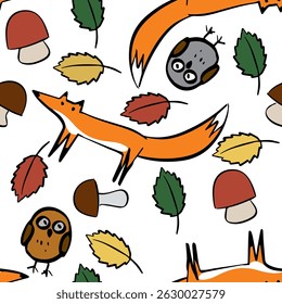 Fuchs, Eule und Wald doodle nahtlose Muster Kinderzeichnung. Vektorgrafik