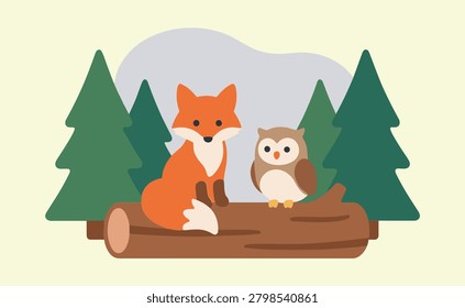 A fox and an owl sit together on a fallen log among pine trees