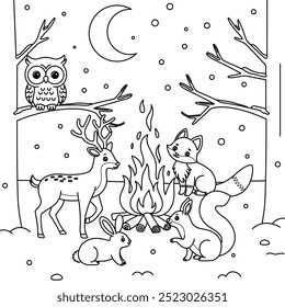 Fox, owl, squirrel, bunny and deer gathering around a bonfire in the snow outline coloring page. Christmas and Winter Illustration 