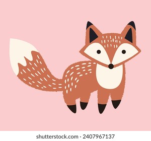 The fox in the painting has big eyes, round ears, and a fluffy tail.