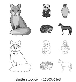 Fox, panda, hedgehog, penguin and other animals.Animals set collection icons in outline,monochrome style vector symbol stock illustration web.