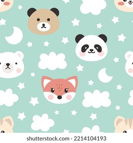 fox, panda, teddy bear, kitten, polar bear face on a mint green pastel background with stars, clouds and moon. Forest animals in the sky, kids colorful seamless pattern for fabric and textile print.