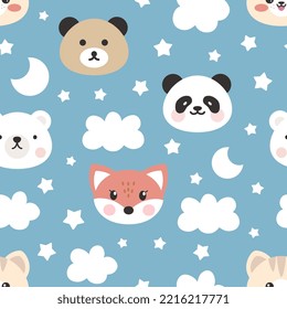 Fox, panda, teddy bear, polar bear, kitten pastel blue sky seamless pattern background, kids cute woodland animals with clouds and stars fabric and textile print design.