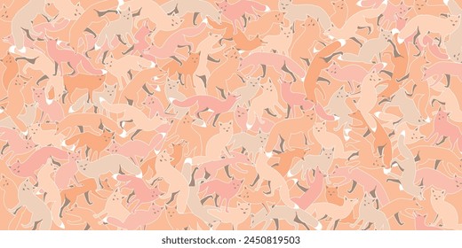 Fox pattern background monochromatic of peach tones, pink and beige with white color outline vector illustration.