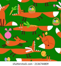 Fox pattern design with several foxes - funny handdrawn doodle, seamless pattern. Lettering poster or t-shirt textile graphic design. wallpaper, wrapping paper, background. Scandinavian Style woodland