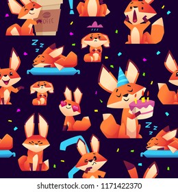 Fox pattern. Orange wild animal colored fox cute and funny characters vector seamless illustrations. Illustration of fox orange character, animal wild pattern
