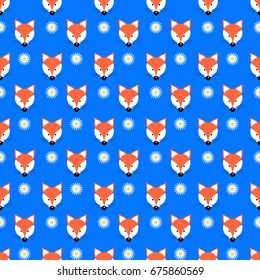 Fox pattern simple seamless, daisies, bright, textile, paper, Wallpaper, on a blue bright background 