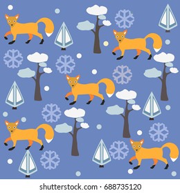 Fox Pattern with snowflakes, pine and spruce trees. Vector Illustration. Winter/Merry Christmas Collection