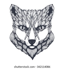 Fox . Pattern style zentangl. Vector sketch for tattoo. Black and white. Coloring.