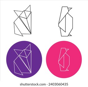 Fox and penguin origami. Rabbit, elephant origami paper vector.
