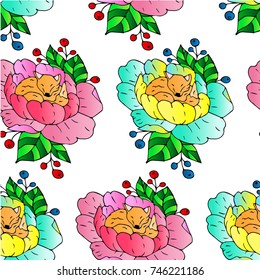 Fox in peony vector illustration. Doodle style. Design, print, logo, decor, textile, paper.
