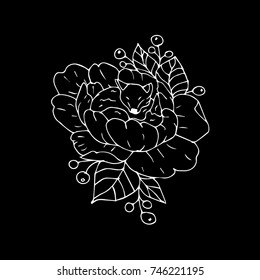 Fox in peony vector illustration. Doodle style. Design, print, logo, decor, textile, paper.