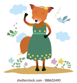 Fox people,happy fox illustrate with bird and flower,illustration of dressed up nerdy fox girl, spring picture, book for children with animal or fairy tale
