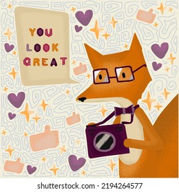 The fox photographer tells you a compliment, a fabulous cartoon drawing. Everyone will definitely like this photo, like. Vector drawing.