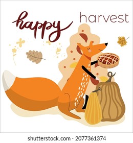 Fox with a pie on the background of leaf fall and pumpkins, Thanksgiving, autumn, lettering Happy harvest.