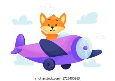 Fox pilot is flying on plane through the clouds. Cute cartoon vector illustration for children on white isolated background.