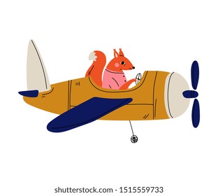 Fox Pilot Flying on Retro Plane in the Sky, Cute Animal Character Piloting Airplane Vector Illustration