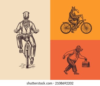 Un zorro con una pipa en traje monta una bicicleta. Calamar y oso. Personajes de Moda Animales. Esbozo dibujado a mano. Ilustración grabada de vectores para etiqueta, logotipo y camisetas o tatuaje.