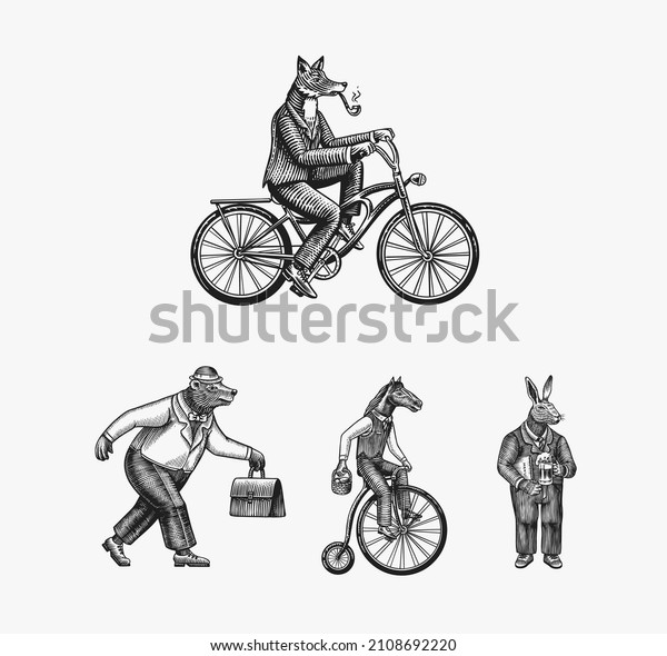 A\
fox with a pipe in a suit rides a bicycle. Bear and horse and hare.\
Fashion Animal characters set. Hand drawn sketch. Vector engraved\
illustration for label, logo and T-shirts or\
tattoo.