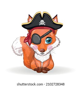 Fox pirate, cartoon character of the game, wild animal in a bandana and a cocked hat with a skull, with an eye patch. Character with bright eyes Isolated on white