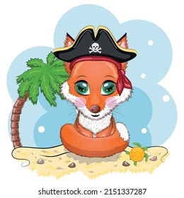 Fox pirate, cartoon character of the game, wild animal in a bandana and a cocked hat with a skull, with an eye patch. Character with bright eyes on the beach with palm trees