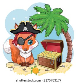 Fox Pirate, Cartoon Character Of The Game, Wild Animal In A Bandana And A Cocked Hat With A Skull, With An Eye Patch. Character With Bright Eyes And Treasure Chest