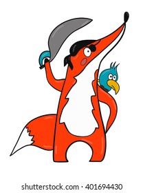 Fox pirate theme. Colorful and Cute vector cartoon illustration. Icons collection, design elements 