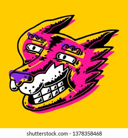 Fox . Plastic Pink. Fox Head. Fox Head Dirty Art style. Cartoon Fox Dirty Art style on yellow background isolated. Stock Vector Illustration. Cartoon style
